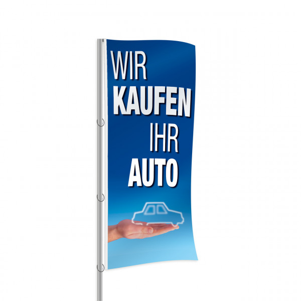 Fahne Wir kaufen Ihr Auto, Design blau