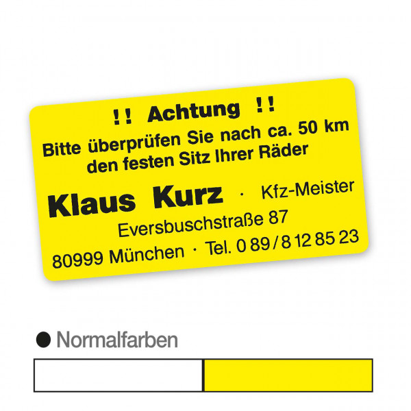 Hinweis-Etiketten "Radschrauben prüfen" aus Papier, Normalfarbe, mit Firmeneindruck