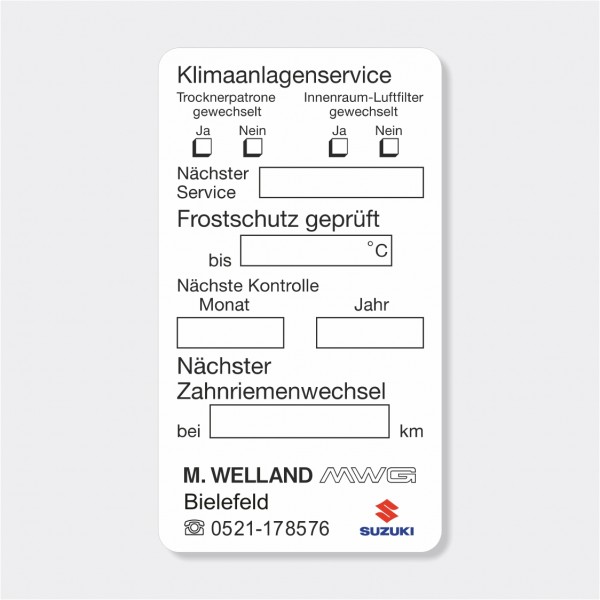 Service-Aufkleber aus PVC-Folie, Größe: 45 x 80 mm, Motiv "Klimaanlage / Frostschutz / Zahnriemen"
