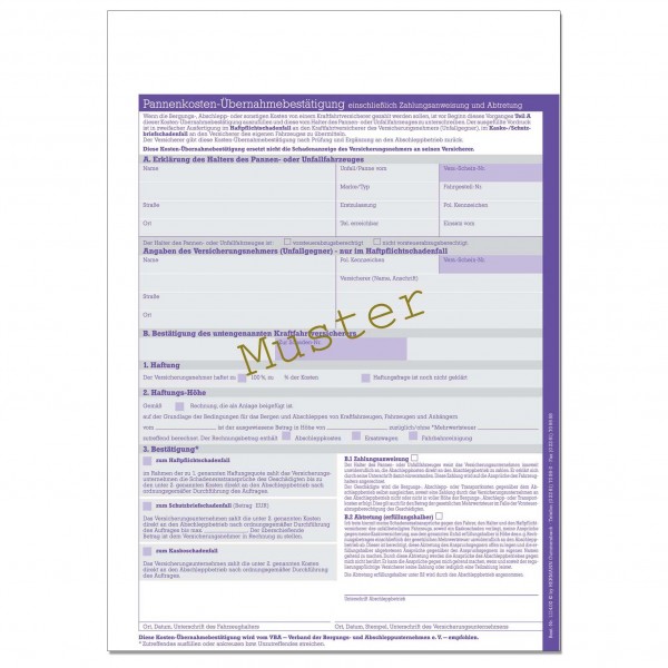 Pannenkosten-Übernahmebestätigung. DIN A4