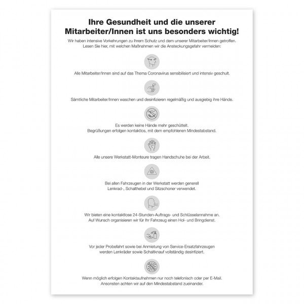 Plakat Coronavirus Kundeninformation - Schutzmaßnahmen Autohaus