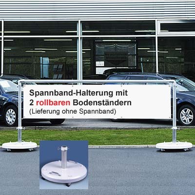 Mobiles Display-System mit 2 runden Bodenständern Ø 70 cm für Spannbänder 300 x 70 cm