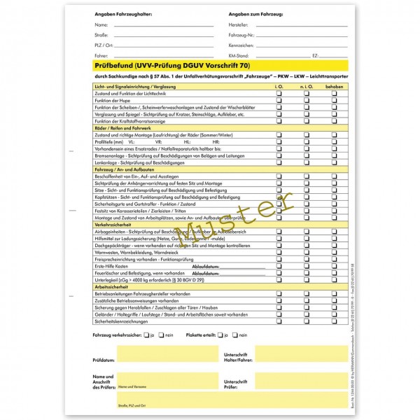 UVV Prüfbefund nach DGUV Vorschrift 70 (Fahrzeuge)
