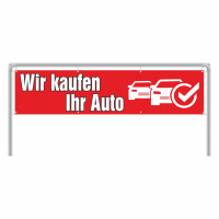 Werbebanner Wir kaufen Ihr Auto, 300 x 70 cm, Design rot Werbebanner Wir kaufen Ihr Auto, 300 x 70 cm, Design rot