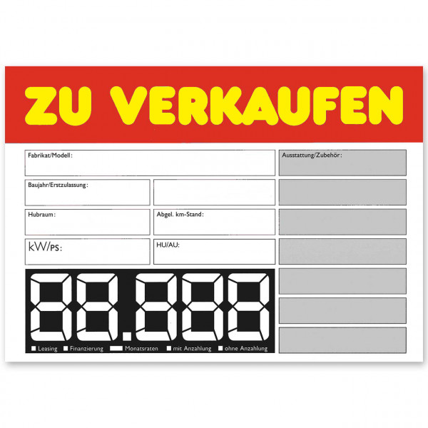 KFZ Verkaufsschild DIN A3 ZU VERKAUFEN, mit LCD-Preisfeld