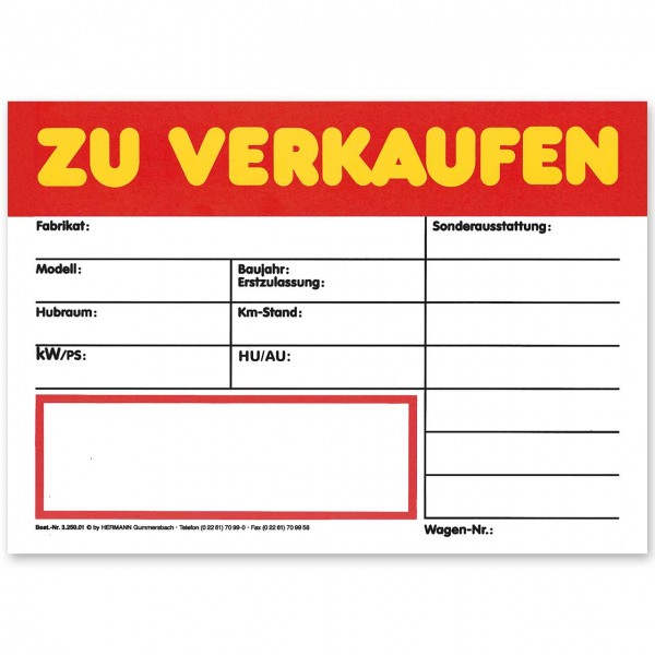 KFZ Verkaufsschild DIN A4 ZU VERKAUFEN, mit Universal-Preisfeld