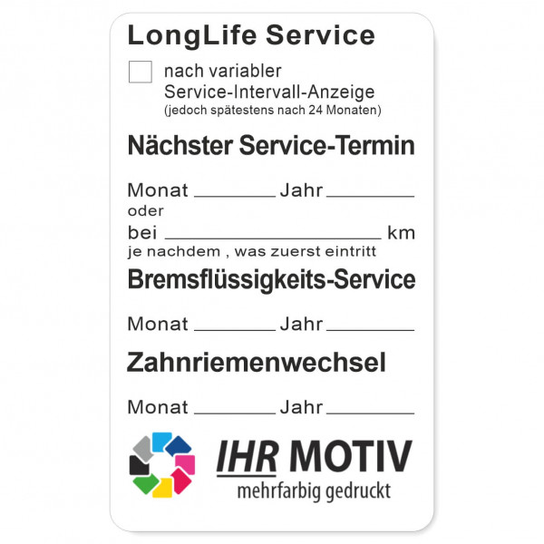 Service-Aufkleber aus PVC-Folie, Größe: 50 x 80 mm, Motiv Longlife-Service / Bremsfl. / Zahnriemen