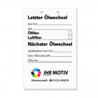 Ölwechsel-Anhänger, Größe 55 x 85 mm, mit Firmeneindruck Ölwechsel-Anhänger, Größe 55 x 85 mm, mit Firmeneindruck