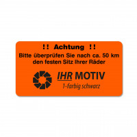 Hinweis-Etiketten Radschrauben prüfen aus Papier, Leuchtfarbe, mit Firmeneindruck Hinweis-Etiketten Radschrauben prüfen aus Papier, Leuchtfarbe, mit Firmeneindruck