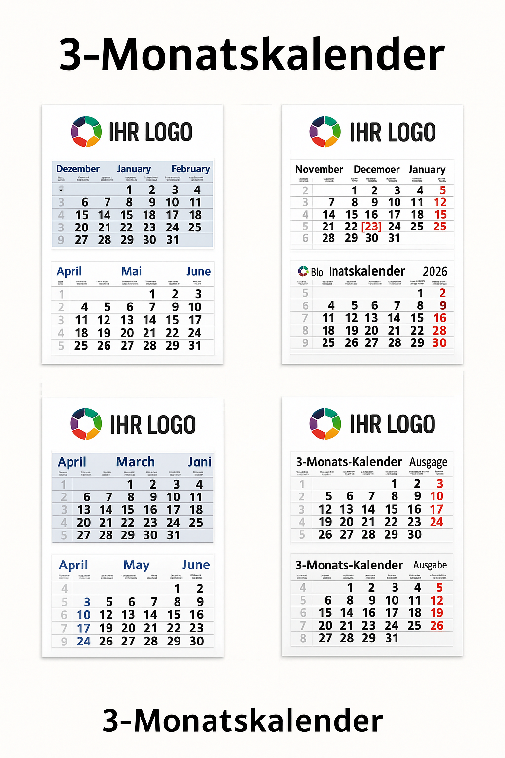 3-Monatskalender 2026 mit Firmenlogo und Werbeleiste – übersichtliche Wandkalender für professionelle Terminplanung im Büro