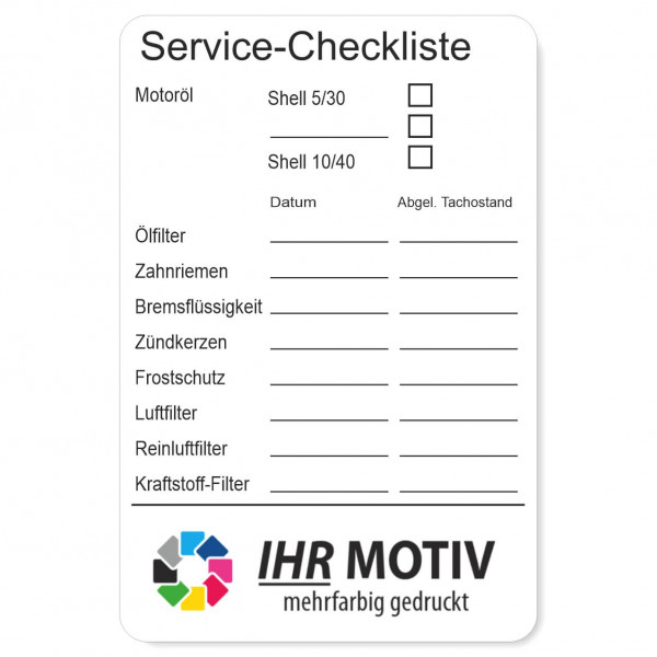 Service-Checkliste aus PVC-Folie, selbstklebend, Größe: 60 x 90 mm, Motiv 62