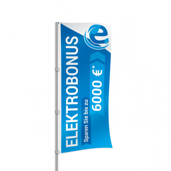 Fahne 120 x 300 cm Thema: Elektromobilität Motiv: Elektrobonus