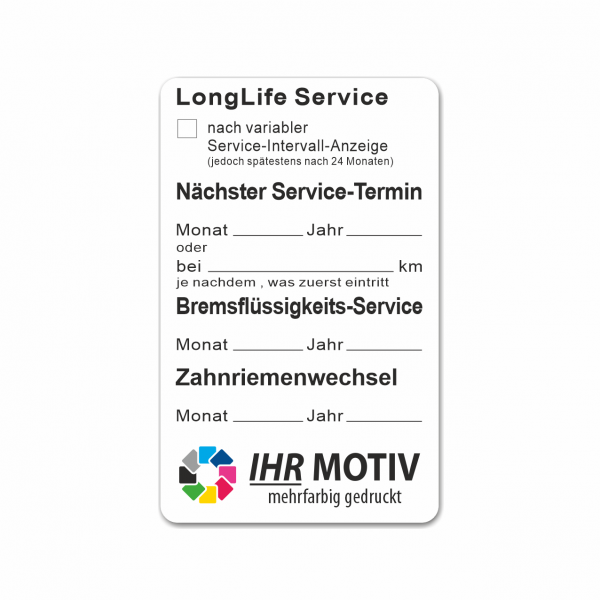 Service-Aufkleber aus PVC-Folie, Größe: 50 x 80 mm, Motiv "Longlife-Service / Bremsfl. / Zahnriemen