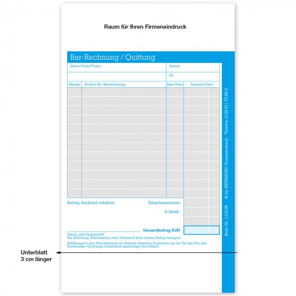 Bar-Rechnung / Quittung, mit Firmeneindruck, blaues Design