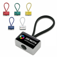 Schlüsselanhänger Doming aus Metall, mit farbigem Silikonband, rechteckig Schlüsselanhänger Doming aus Metall, mit farbigem Silikonband, rechteckig