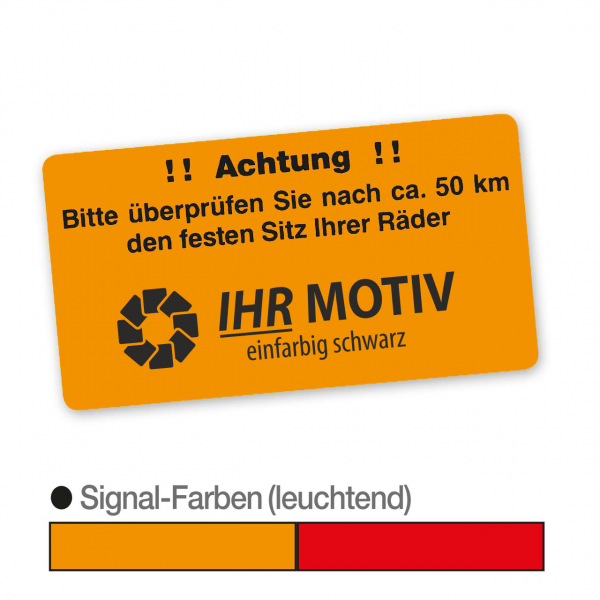 Hinweis-Etiketten "Radschrauben prüfen" aus Papier, Leuchtfarbe, mit Firmeneindruck