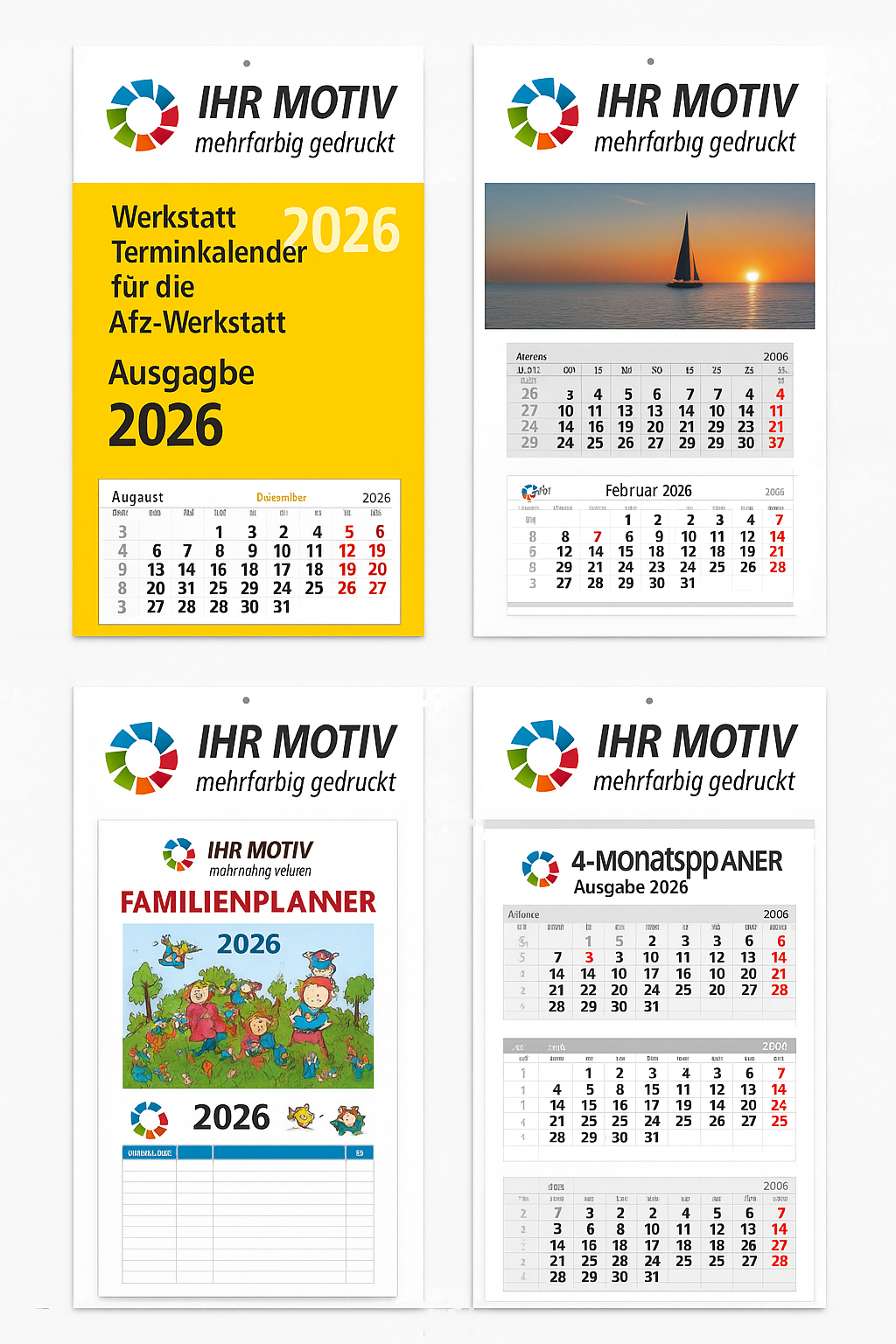 Verschiedene Mehrmonatskalender mit individuell bedruckter Werbeleiste und Firmenlogo – professionelle Wandkalender für Unternehmen im Corporate Design von HERMANN Direkt.