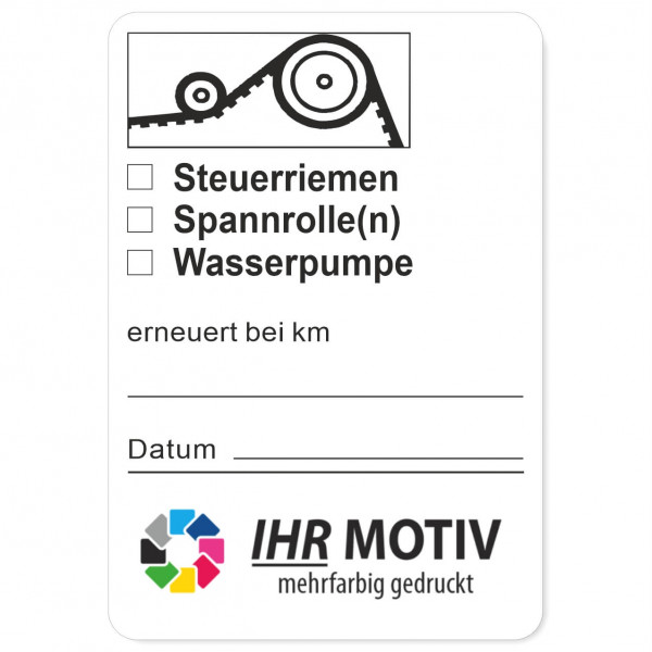 Service-Aufkleber aus PVC-Folie, Größe: 45 x 65 mm, Motiv Steuerriemen / Spannrolle / Wasserpumpe