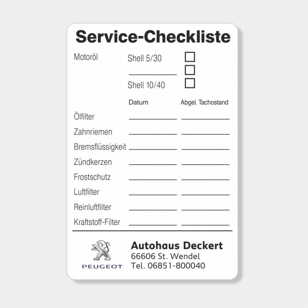 Service-Checkliste aus PVC-Folie, selbstklebend, Größe: 60 x 90 mm, Motiv 62