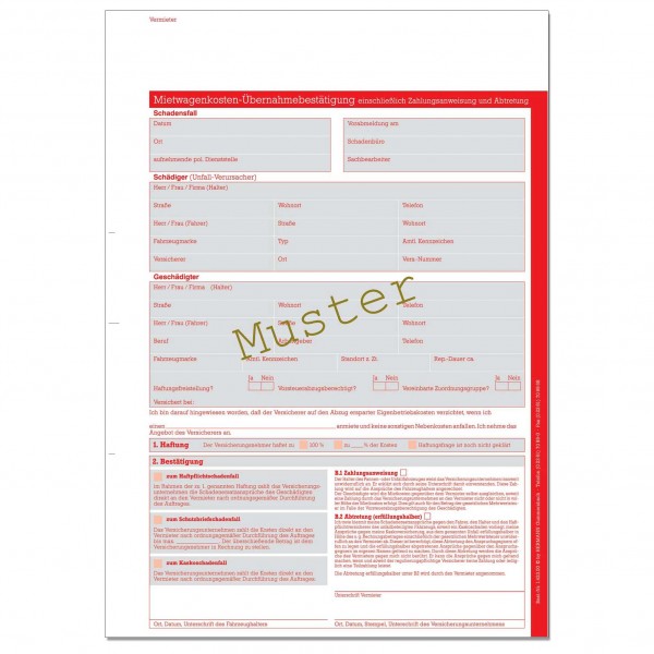 Mietwagenkosten-Übernahmebestätigung. DIN A4