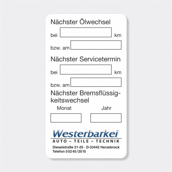 Service-Aufkleber aus PVC-Folie, Größe: 45 x 80 mm, Motiv "Ölwechsel / Service / Bremsflüssigkeit"