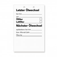 Ölwechsel-Anhänger, Größe 55 x 85 mm, ohne Firmeneindruck Ölwechsel-Anhänger, Größe 55 x 85 mm, ohne Firmeneindruck