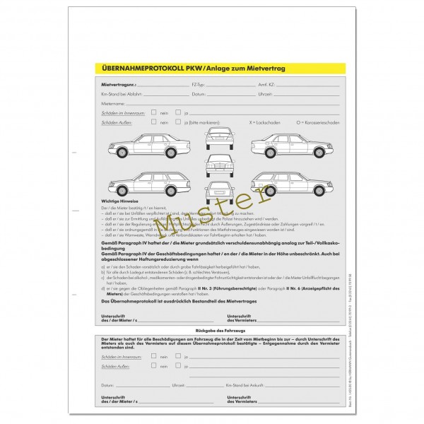 Übernahmeprotokoll PKW. DIN A4