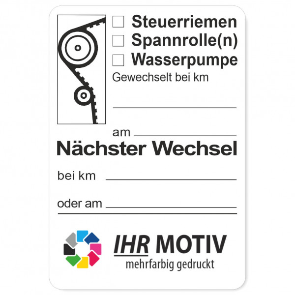 Service-Aufkleber aus PVC-Folie, Größe: 45 x 65 mm, Motiv Steuerriemen / Spannrolle / Wasserpumpe /