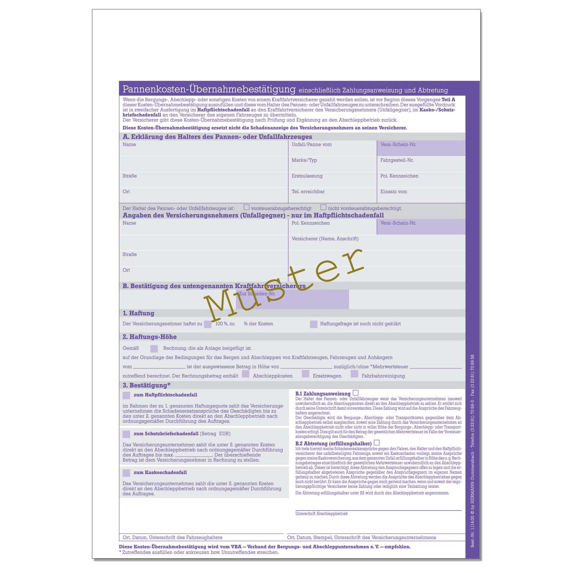 Pannenkosten-Übernahmebestätigung. DIN A4 online kaufen