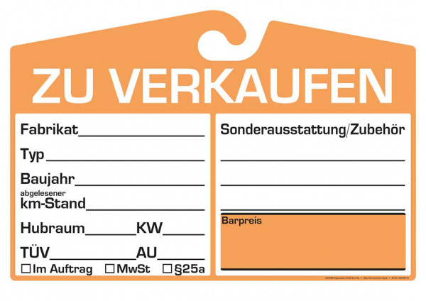 Verkaufsschild zur Befestigung am Innenspiegel neutral orange