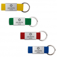 Schlüsselanhänger aus Metall, mit farbigem Stoffband Schlüsselanhänger aus Metall, mit farbigem Stoffband
