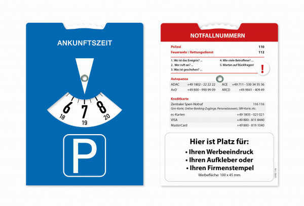 Parkscheibe aus Karton mit Notfallnummern