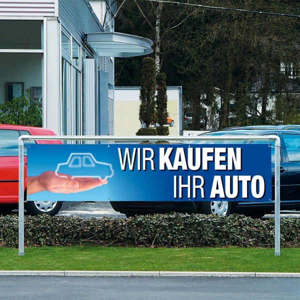 Werbebanner Wir kaufen Ihr Auto, 300 x 70 cm, Design blau