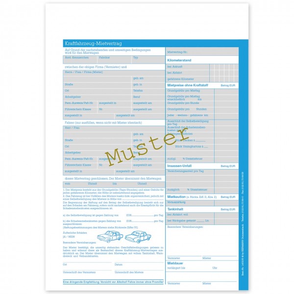 KFZ Automietvertrag. Formular im Format DIN A4