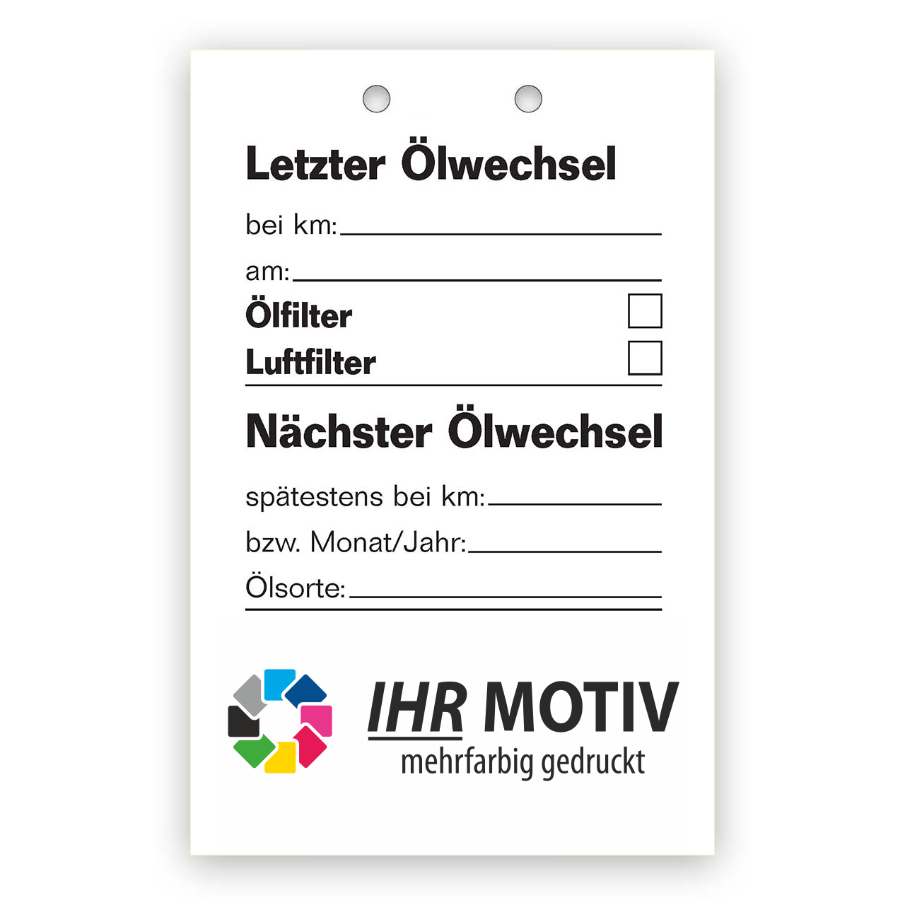 Ölwechsel-Anhänger, Größe 54 x 85 mm, mit Firmeneindruck