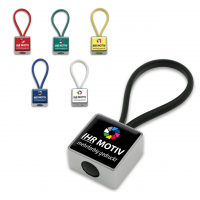 Schlüsselanhänger Doming aus Metall, mit farbigem Silikonband, quardratisch Schlüsselanhänger Doming aus Metall, mit farbigem Silikonband, quardratisch