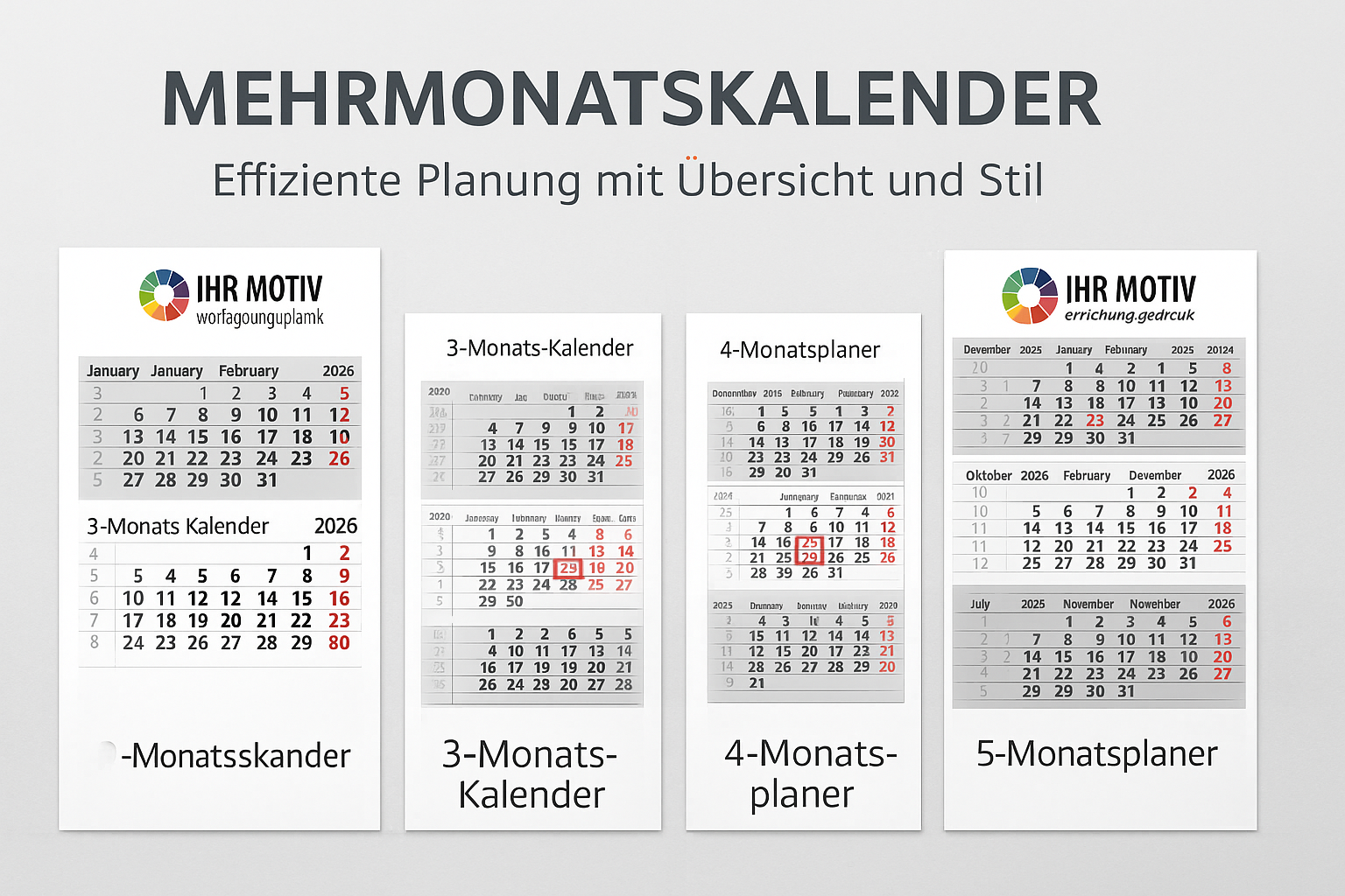 Mehrmonatskalender mit Firmenlogo in verschiedenen Formaten – Übersicht von 3-, 4- und 5-Monatskalendern als praktische Planungshilfe für Unternehmen bei HERMANN Direkt.