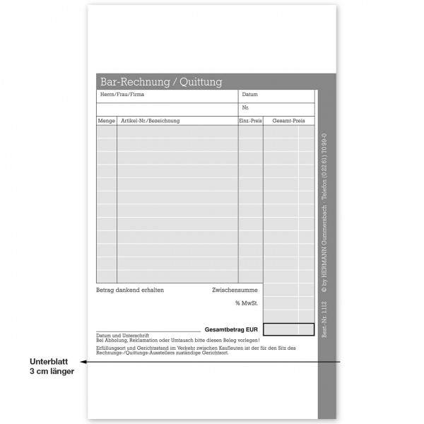 Bar-Rechnung / Quittung, ohne Firmeneindruck