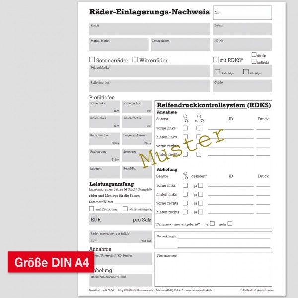 Räder-Einlagerungsformulare DIN A4, mit RDKS-Tabelle