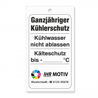 Kühlwasser-Anhänger, Größe 50 x 90 mm, mit Firmeneindruck Kühlwasser-Anhänger, Größe 50 x 90 mm, mit Firmeneindruck